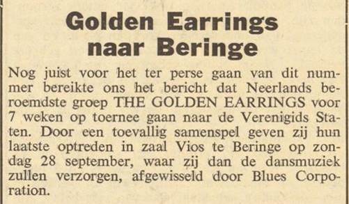 The Golden Earrings newspaper article Golden Earrings naar Beringe September 28 1969 Beringe - Zaal Vios show